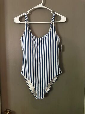 Old Navy Blue and White Vertical Stripe One-Piece Swimsuit size medium